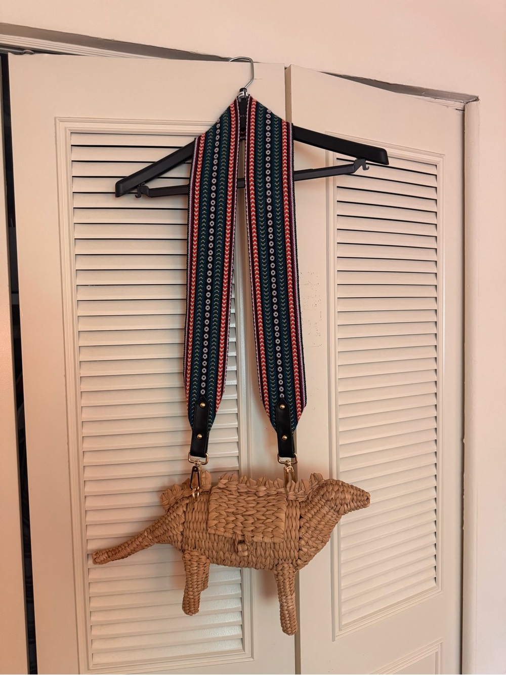 Woven Straw Animal Crossbody Bag with Striped Canvas Strap - Natural